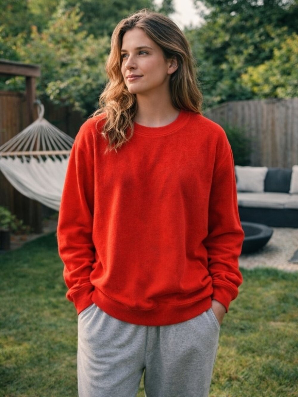 Aerie Oversized Red Velour Crew Neck Sweatshirt
